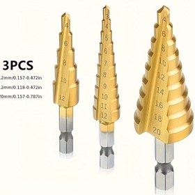 Resim 3'lü Matkap Ucu Seti, 3-12mm 4-12mm 4-20mm HSS Düz Oluklu Adım Titanyum Kaplamalı Delik Kesici Adım Konik Matkap Delik Testere Araçları Seti 