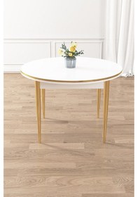 Resim Canisa Osle Serisi 90x90 Yuvarlak Beyaz Mutfak Masa Takımı 4 Sandalye Gold Detay Masa Beyaz Sandalye Siyah Gold Ayak 
