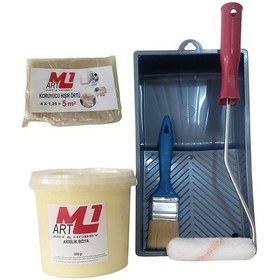 Resim M1 Art Sarı Akrilik Boya 1.kg Tava+rulo+örtü +fırça -set -ahşap, 
