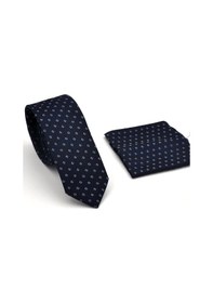 Resim Gaffy Mavi Desenli Lacivert Dokuma Kumaş Mendilli Slim Fit Kravat // Sdk230902 Lacivert - Mavi 