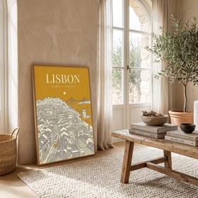 Resim Lisbon Line Art Print - Mustard Yellow Tram Belém Tower Skyline Wall Art - With Hanger - Black / 12 x 16" (30x40 cm) 