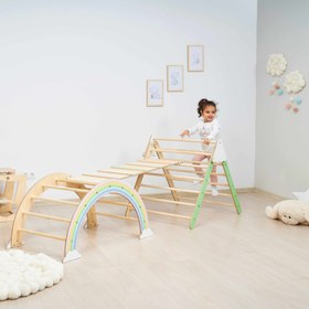 Resim Foldable Mountain Triangle & Rainbow Arch Climbing Set Painted-Pastel - Ladder/Slide Ramp 