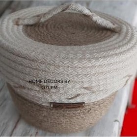 Resim Kapaklı Hasır Sepet Düzenleyici Dekorasyon Organizer Saklama Kutusu - 19X14 Cm Kahve&Ekru (S) 