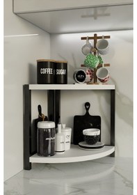 Resim İki Raflı Mutfak Köşe Oval Düzenleyici Raf Metal Gövdeli Çok Amaçlı Mutfak Standı Baharatlık Beyaz 