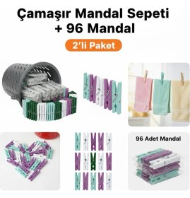 Resim Taber Sepet Hediyeli 96'lı Çamaşır Mandalı Seti - Paslanmaz Yaylı ve Iz Yapmayan Dayanıklı Mandallar 