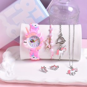 Resim 6 Parça Sevimli Unicorn Temalı Kızlar için Kuvars Saat & Takı Seti - Yumuşak Silikon Kayış, Karışık Renkli Karikatür Pony Kol Saati ile Uygun Bilezikler, Kolye & Küpeler - Genç Kızlar için İdeal Hediye, Kızlar için Unicorn Eşyaları 