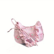 Resim Kadınların Çiçek Desenli Omuz Çantası - Ruffled Detaylı Pembe Tuval, Fermuar Kapanışı, Polyester Astar, Elde Yıkanabilir, Şehir Stili, Rahat Çanta|Ruffled Çanta|Zippered Çanta 