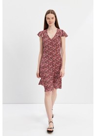 Resim Stella Pulvis Kırmızı Volanlı Kuplu V Yaka Midi Elbise Kırmızı 