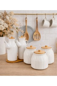 Resim Pembelia Life 6 Parça Bambu Standlı Papatya Porselen 2 li Yağdanlık Ve 3 lü Papatya Kavanoz Set 