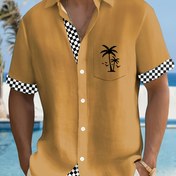 Resim Erkekler için Tropikal Palmiye Ağacı Hawaii Gömlek - Siyah ve Beyaz Çekren Kısa Kollu, Düğmeli Ön ve Göğüs Cebi, Hafif Polyester, Yazlık Rahat Giyim için Mükemmel 
