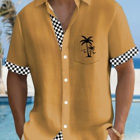 Resim Erkekler için Tropikal Palmiye Ağacı Hawaii Gömlek - Siyah ve Beyaz Çekren Kısa Kollu, Düğmeli Ön ve Göğüs Cebi, Hafif Polyester, Yazlık Rahat Giyim için Mükemmel 