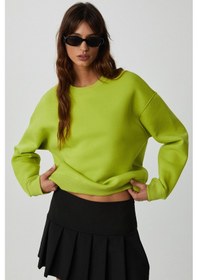Resim Grimelange VANELTINA Kadın İçi Polarlı 3 İplik Organik Pamuk Oversize Basic Bisiklet Yaka Fıstık Yeşili Sweatsh 