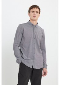 Resim AC&Co / Altınyıldız Classics Erkek Grı Pamuklu Örme Slim Fit Dar Kesim Düğmeli Yaka Gömlek Gri 