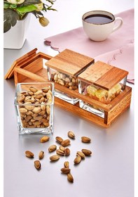 Resim İliva 3 Bölmeli Ahşap Standlı Cam Kahvaltılık Çerezlik Servis Sunumluk Ahşap - Şeffaf 