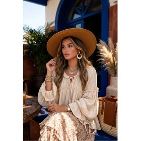 Resim Fashion Cocktail Şalvar Kollu Fırfırlı Bağcıklı Büzgülü Yaka Volanlı Salaş Rahat Bohem Otantik Etnik Gömlek 
