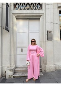 Resim Bonacosa Kadın Viskon 3 Lü Takım Kimono + Beli Lastikli Salaş Pantolon + Sıfır Kol Kolsuz 8 Renk Pembe 