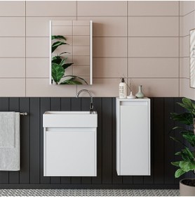 Resim ROOMART Tek Kapaklı Lavabolu Mat Beyaz 50 Cm Banyo Dolabı Aynalı Üst Dolabı Boy Dolabı Tuvalet Kâğıtlığı 