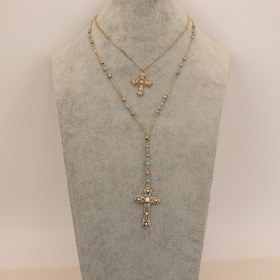 Resim Vintage Bohemian Y Şekilli Çift Katmanlı Kolye - Turkuaz Boncuklu ve Akrilik Altın Haç Pandantif, Sevgililer Günü İçin Günlük Takı Hediyesi, Çok Amaçlı Aksesuar, Detaylı Boncuk İşlemeli 