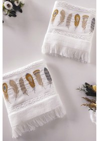 Resim 2'li Nakışlı Kadife El Havlusu -jakarlı Tüy İşlemeli Yüz Havlusu - %100 Pamuk Beyaz Beyaz 