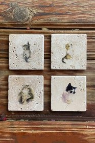 Resim Oscar Stone Decor Taş Bardak Altlığı Stone Coasters Kedi Seti/Kediler Ba-581 