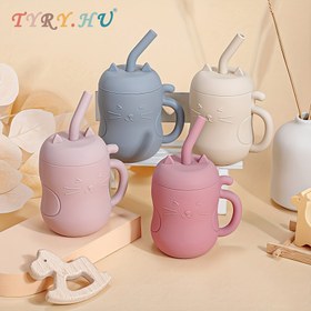 Resim Kedi Küçük Yavruları Öğrenme Kupası, Yumuşak Kauçuk Eğitim Kupası 6oz, Kapaklı ve Pipetli Taşınabilir Besleme Kupası (Sızdırmaz, Sevimli Tıp 