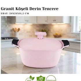 Resim 24 Cm Granit Köşeli Derin Tencere Alüminyum Kapak - Pembe Pembe 