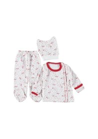 Resim Mdm Kırmızı Yenidoğan Kendinden Eldivenli 3 Lü Bebek Takım Seti Kırmızı 