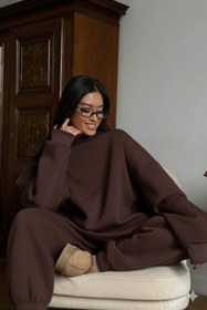 Resim Kadın Double Oversize Eşofman Takımı Basic Kahverengi - Bisiklet Yaka, Lastikli Paça, 3 İplik Polar - S / Kahverengi 