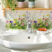 Resim Mat Bitişli Kendinden Yapışkanlı Çiçek Desenli Banyo Duvar Stickerları - Canlı Botanik Plastik Dekorasyonlar, Fayans ve Tuvalet Süslemeleri için Kolay Yapıştır & Çıkar Ev Dekoru, Doğa Esintili Tasarım 