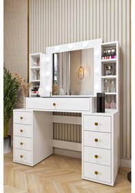 Resim Ases Mobilya Ela660 Hollywood Işıklı Makyaj Masası Bol Çekmeceli Özel Bölmeli Ve Extra Raflı Beyaz Beyaz 