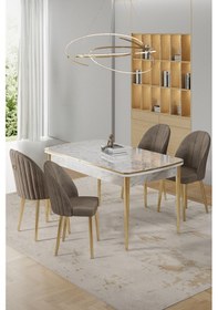 Resim Canisa Rada Serisi 80x132 Açılabilir Lak Panel Beyaz Mermer Desen Masa 4 Cappucino Sandalye Gold Detay Masa Beyaz Mermer Desen Sandalye Cappucino 