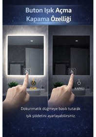 Resim Digital Hayat Dokunmatik Dimlenebilir Beyaz Led Işıklı Kare Ayna Dekoratif Banyo Makyaj Aynası 50cm - 80cm Beyaz 