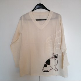 Resim Butik Tülin Unisex otantik şile bezi kemik ince yumuşak Tayland Malı kedi figürlü bluz 