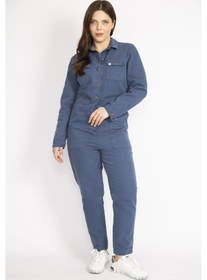 Resim Kadın İndigo Büyük Beden Ön Düğmeli Gabardin Tulum-indigo İndigo 