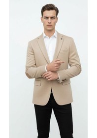 Resim Plus Scorpion Bej Erkek İtalyan Kesim Blazer Ceket Kol Yamali, Slim Fit, Şık Ve Modern Tasarım Bej 