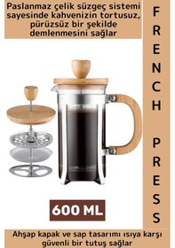 Resim Premium Isıya Dayanıklı Kahve Demleme Bitki Çayı Ahşap Kapak Sap Detaylı Cam French Press 600 Ml Çok Renkli 