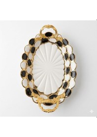 Resim Sembol Porselen Lüks Oval Sunum Tepsisi 30x19 Cm - Siyah Beyaz Gold Beyaz - Altın 