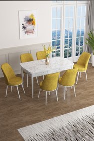 Resim Canisa Han Serisi 70x114 Açılabilir Mdf Mutfak Masası Takımı Beyaz Mermer Desen Masa 6 Hardal Sandalye 