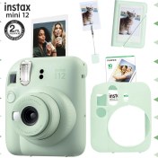 Resim Fujifilm Instax Mini 12 Yeşil Fotoğraf Makinesi - 10'lu Film - Kıskaçlı Stand - Mini Albüm ve Silikon Kılıf Seti 