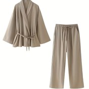 Resim Spring Kimono Bel Bağlama Gömlekleri Gevşek Kadınlar V Boyun Büyük Kollu Bluz Kadın Elastik Bel Pantolonları Y2K Pantolon 