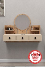 Resim Arnetti Polina Çekmeceli Raflı Duvara Monte Aynalı Makyaj Masası, Atlantik Çam Bej - Polina 