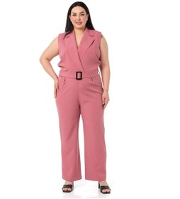 Resim Büyük Beden Kruvaze Beli Lastikli Fermuar Kapamalı Kemerli Gül Kurusu Tulum-gül Kurusu Gülkurusu 