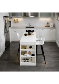 Resim Solo Modern Ada Mutfak Masası Raflı Yemek Masası - Beyaz Beyaz 