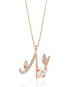 Resim Işıltılı Manolya Çiçeği N Harfi Rose Renk Gümüş Harfli Kolye 