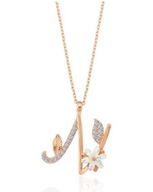 Resim Işıltılı Manolya Çiçeği N Harfi Rose Renk Gümüş Harfli Kolye 