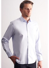 Resim İmza Açık Mavi Yarım İtalyan Yaka Saten Uzun Kol Premium Slim Fit %100 Pamuk Gömlek 1004255195 Açık Mavi 