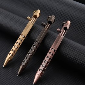 Resim 1 adet pirinç altıgen cıvatalı metal tükenmez kalem, nötr mürekkep, siyah/mavi mürekkep ucu, erkekler için yüksek kaliteli retro ofis hediyesi. Anahtarlık taşınabilir oyuk oymalı basınç tipi orta boy yağlı kalem 