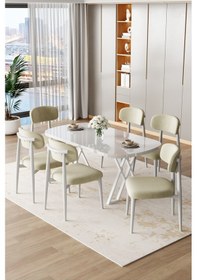 Resim Canisa Jolin Serisi Mdf 90x168 Beyaz Mutfak Masa Takımı 6 Krem Metal Sandalye Beyaz Masa, Krem Sandalye 