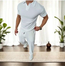 Resim Fifty Color Beyaz, Oversize/geniş Kesim, Dokulu Kırışmaz, Ottoman Polo Yaka T-shirt Ve Eşofman Takım Beyaz 