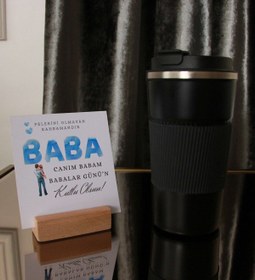 Resim HEDİYEBİZİZ Babalar Günü'ne Özel Paslanmaz Çelik Siyah Termos 450 ml - Gift Kart ve Ahşap Notluk 